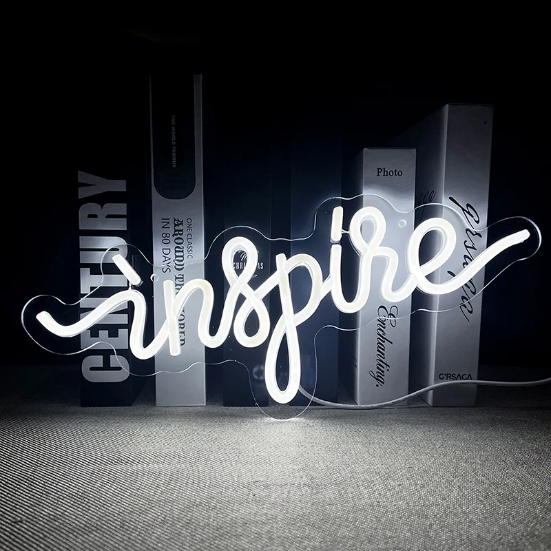 Inspire Script Neon light Wall Sign White Saying lamp USB/Switch Home Decor Wall Art Inspirational neon Signs for Bedroom,Office