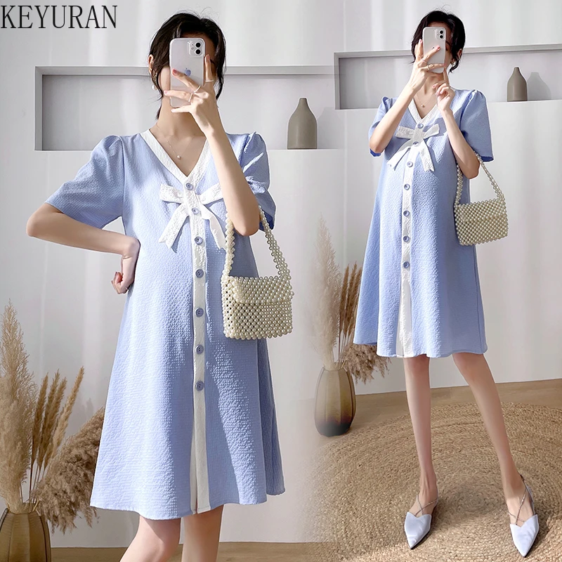 

Elegant Maternity Dresses Clothing 2022 Summer Short Sleeve V-neck Blue Bow A-Line Pregnancy Dress Clothes for Pregnant Women