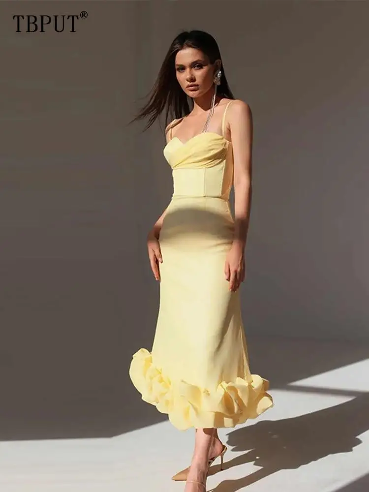 

Women's Ruffles Pleated Suspender Dress Fashion Slim Off Shoulder Robes Summer Chic Female Party Evening Yellow Dresses Vestidos