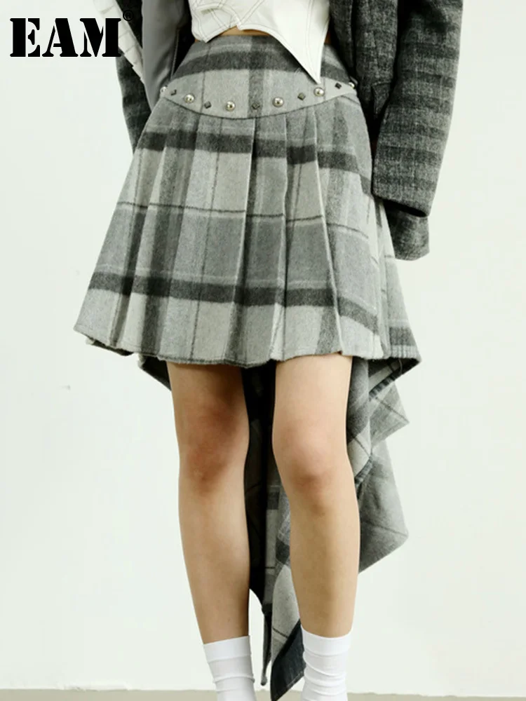 

[EAM] High Waist Gray Striped Dovetail Rivet Woolen Half-body Skirt Women Preppy Style Fashion New Autumn Winter 2023 1DF4035