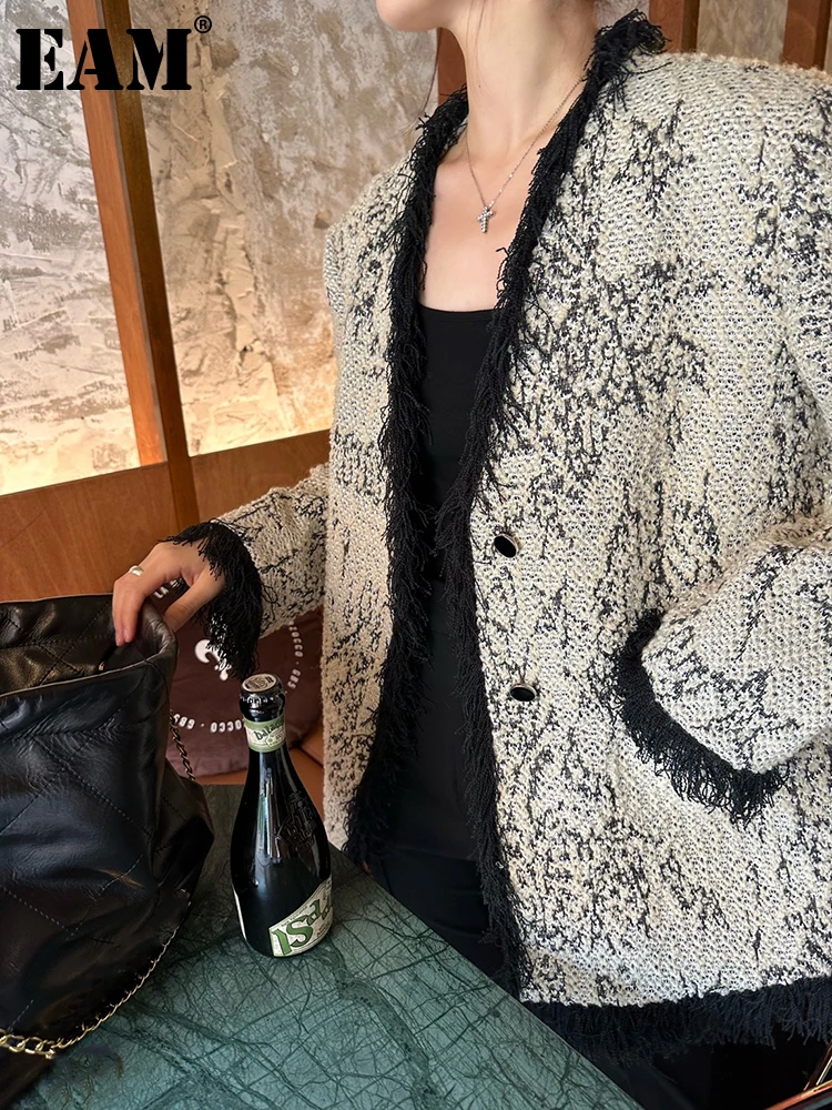 

[EAM] Loose Fit Pattern Tassels Elegant Woolen Coat Parkas New Long Sleeve Women Fashion Tide Autumn Winter 2023 1DF2440