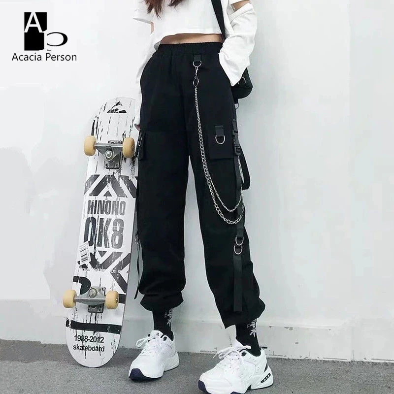 

Women Cargo Pants Harem Pants Fashion Punk Pockets Jogger Trousers With Chain Harajuku Elastics High Waist Streetwear