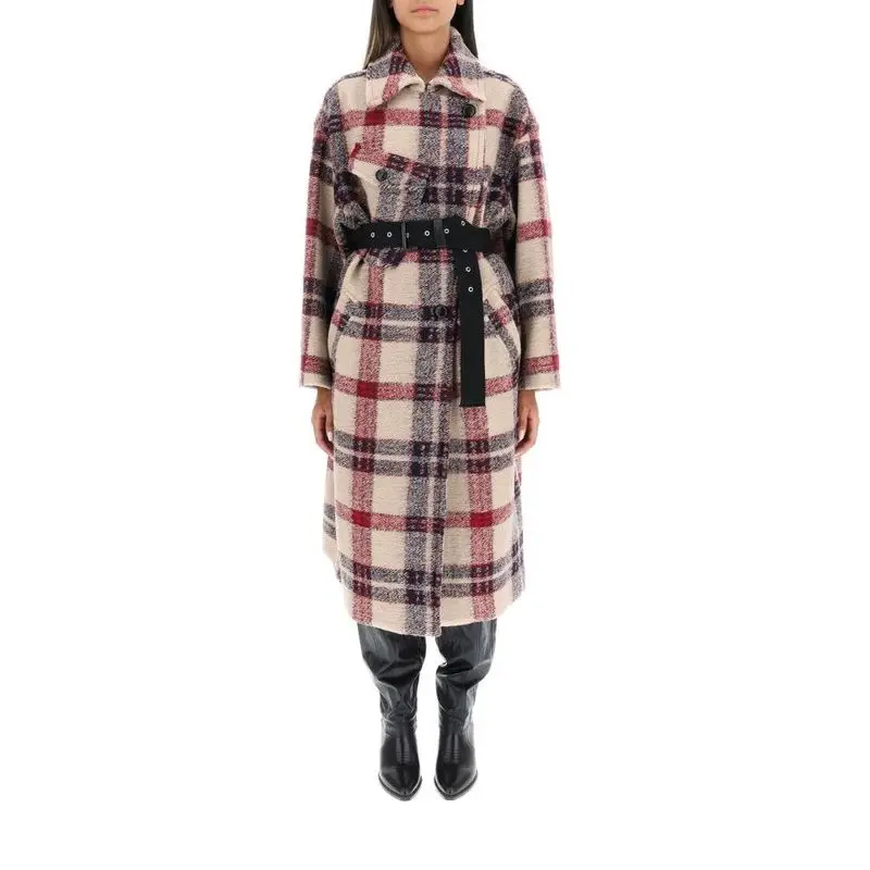 

Women Classic Plaid Woolen Mid-Length Coat 2023 Early Spring New Ladies Turn-Down Collar Large Pocket Sashes Straight Jacket