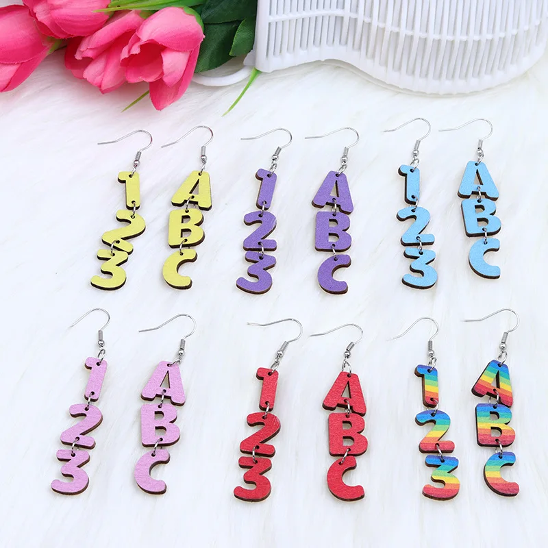 

Macaron Letter Pendant Earrings Fashion Personality Asymmetrical English alphabet Numbers Teacher Student Wooden Earrings