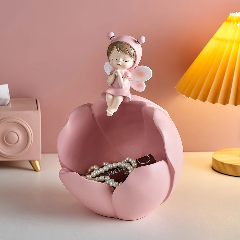 

Bee Girl Figurine Home Decor Storage Box Living Room Decoration Modern Flower Model Storages Resin Sculpture Desk Accessories