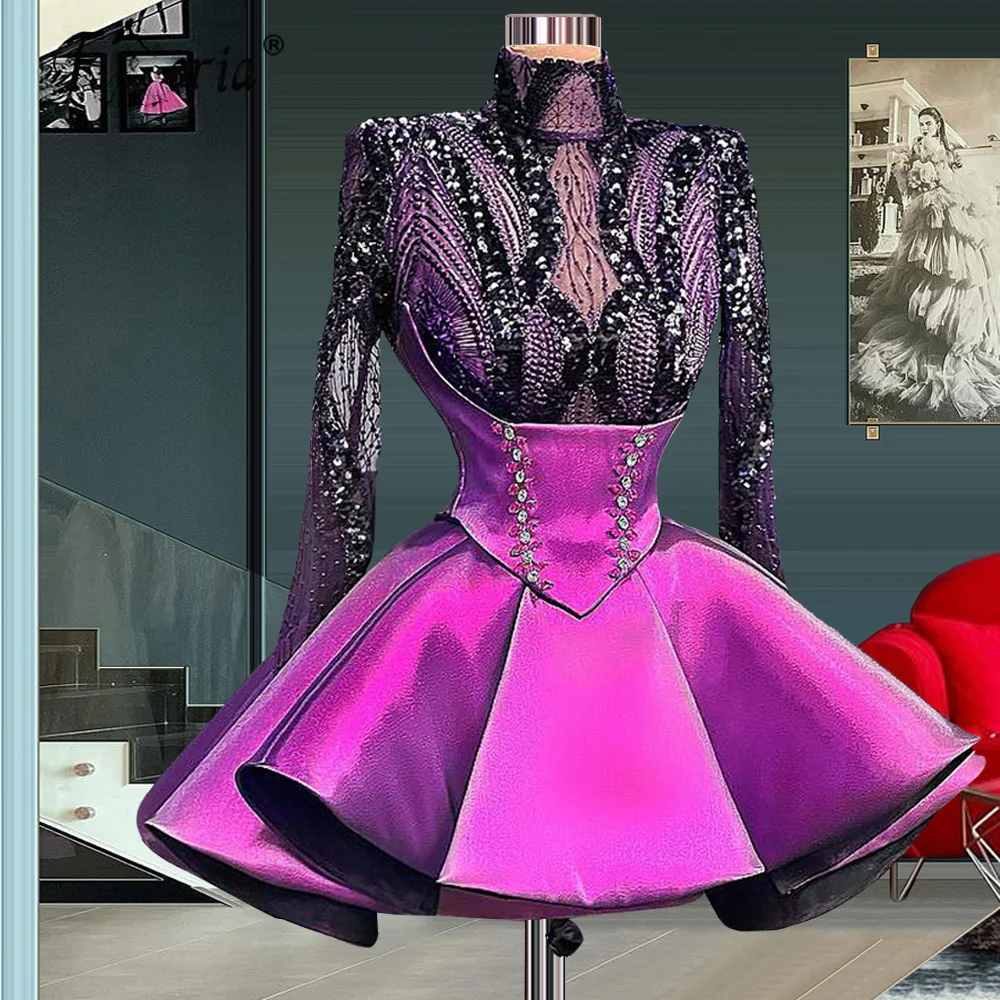 

Платье для выпускного Haute Couture из двух предметов, Черный Кружевной Топ с длинным рукавом и фиолетовая короткая юбка со стразами, вечернее пла...