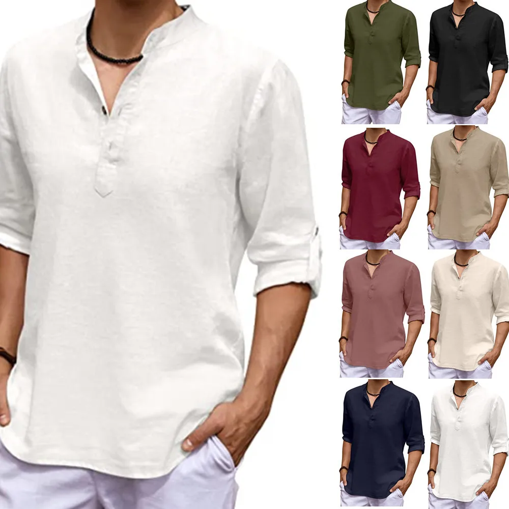

Men Cotton Linen Blouse Tops Summer Turn Down Collar Half Sleeve Button Pullover Loose Blouse Shirts