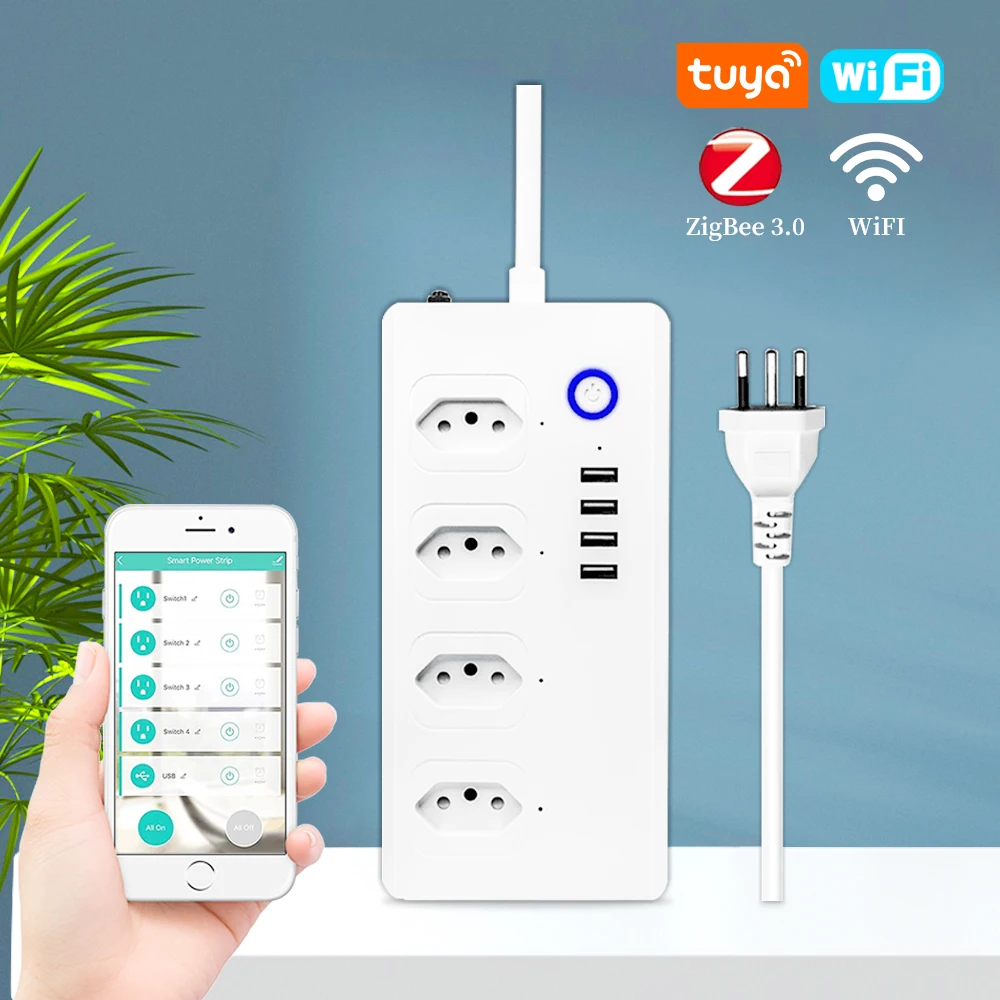 Умный удлинитель Tuya Wi-Fi/ZigBee, 4 розетки, 4 USB, бразильские вилки ...