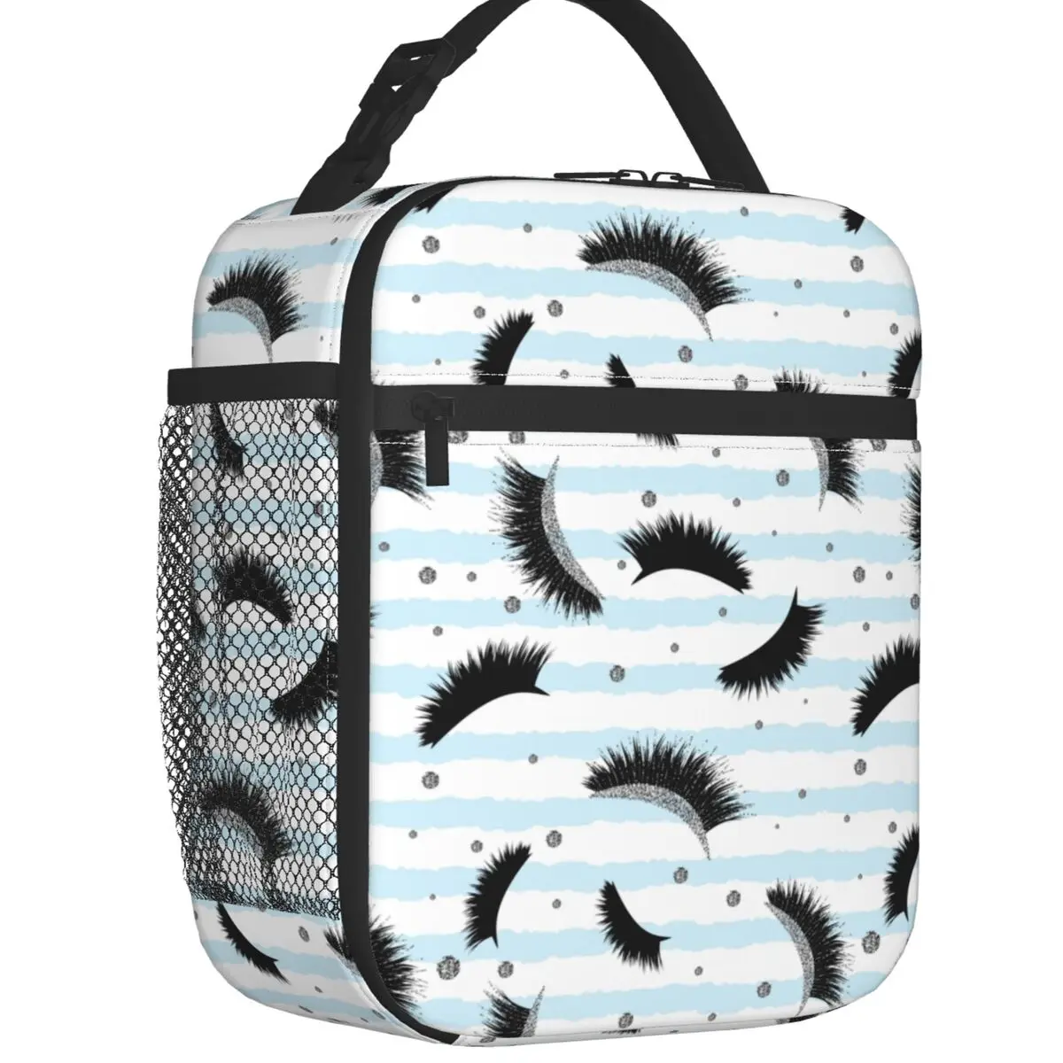 Silver Lashes Seamless Blue Stripes Portable Lunch Tote For Kid Multifunction Food Box