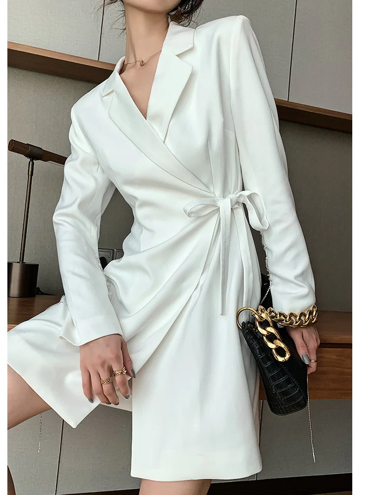 blazer for women White 2023 autumn long sleeve bling chains office lady slim blazers suit jacket outwear runway fashion