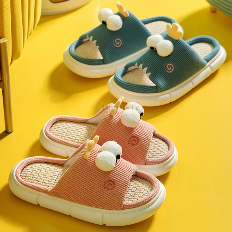Solid Women's House Slippers Lovely Cartoon Linen Cotton Slippers   Woman Indoor Slippers Female Open Toe Slides All Season