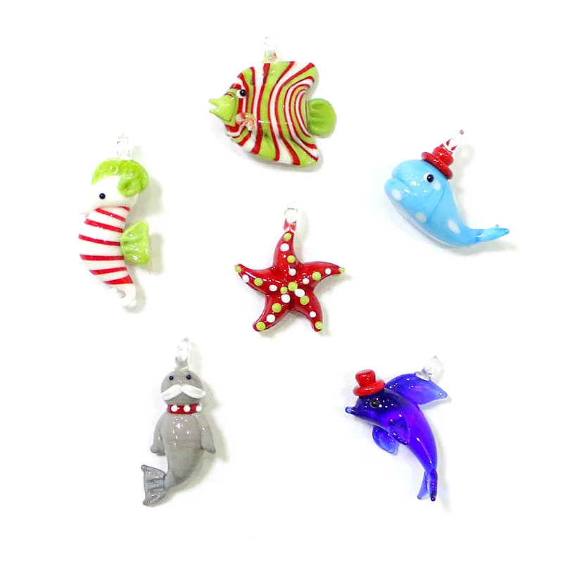 

6pcs Christmas Marine Animal Mini Figurine Charm Glass Pendant Cute Starfish Dolphin Whale Seahorse Sea Lion Ocean Fish Ornament