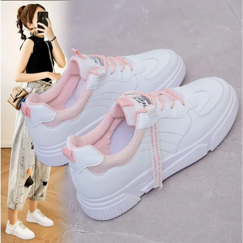 

Женские легкие кожаные кроссовки, спортивная обувь на толстой подошве, Вулканизированная подошва, Повседневные Дышащие, для бега, большие размеры, на весну-лето