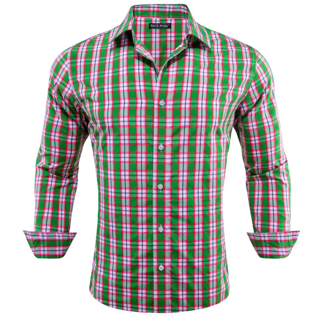 

Роскошные шелковые рубашки для мужчин, зеленые, красные, белые, синие, в клетку, в полоску, с длинным рукавом, приталенные, мужские блузки, повседневные строгие топы, Barry Wang