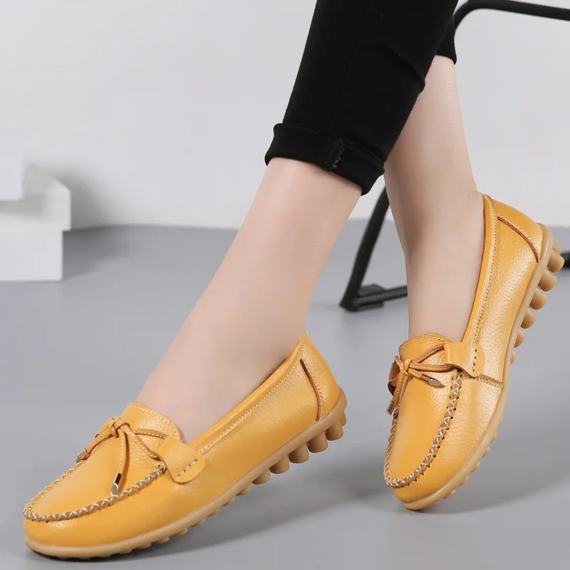 

2020 Spring Autumn Women Split Leather Shoes Woman BowKnot Loafers Round Toe Ballerina Flats Slip on Comfortable Moccasins White