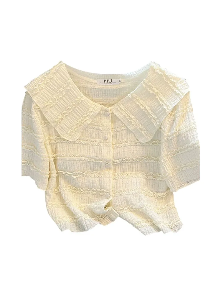 y w stylu francuskim Słodkie szyfonowe koszule z kołnierzykiem Piotruś Pan Kobiety Nowy szyk Krótki rękaw Plisowany top Jesień 2024 Eleganckie