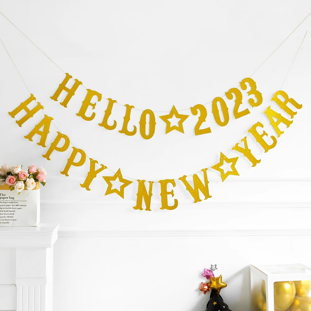 

Glitter Happy New Year 2023 Paper Banner Star Champagne Bottle Garland for New Year Party Decoration Photo Booth Props Supplies