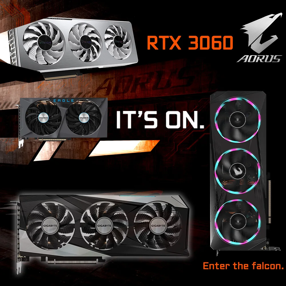 Видеокарта игровая GDDR6 Gigabyte GeForce RTX 3060 EAGLE OC 12G LHR с двойным вентилятором HDCP 15000 бит