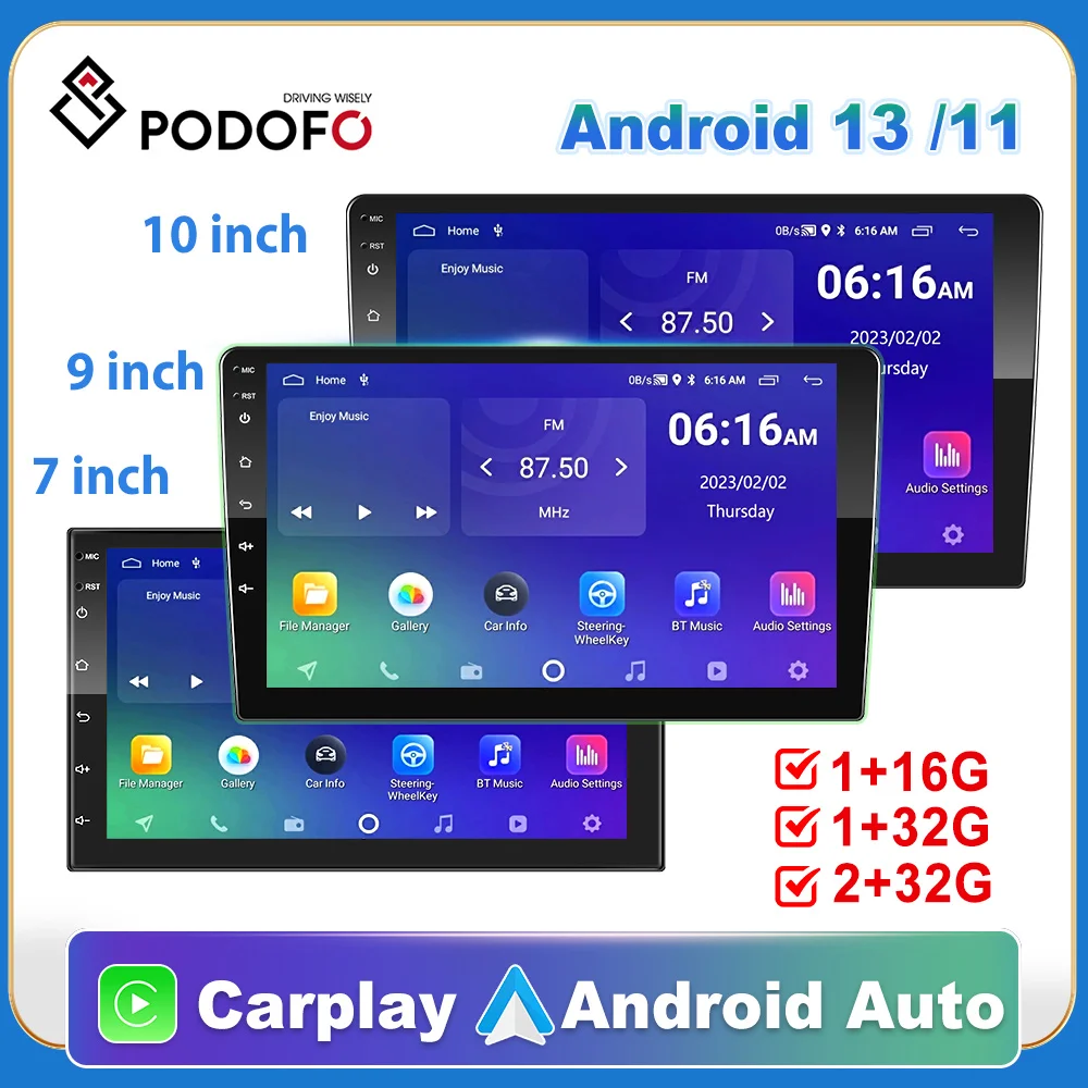 Podofo Android 11 автомобильное радио Авторадио 32G 2 Din 7 
