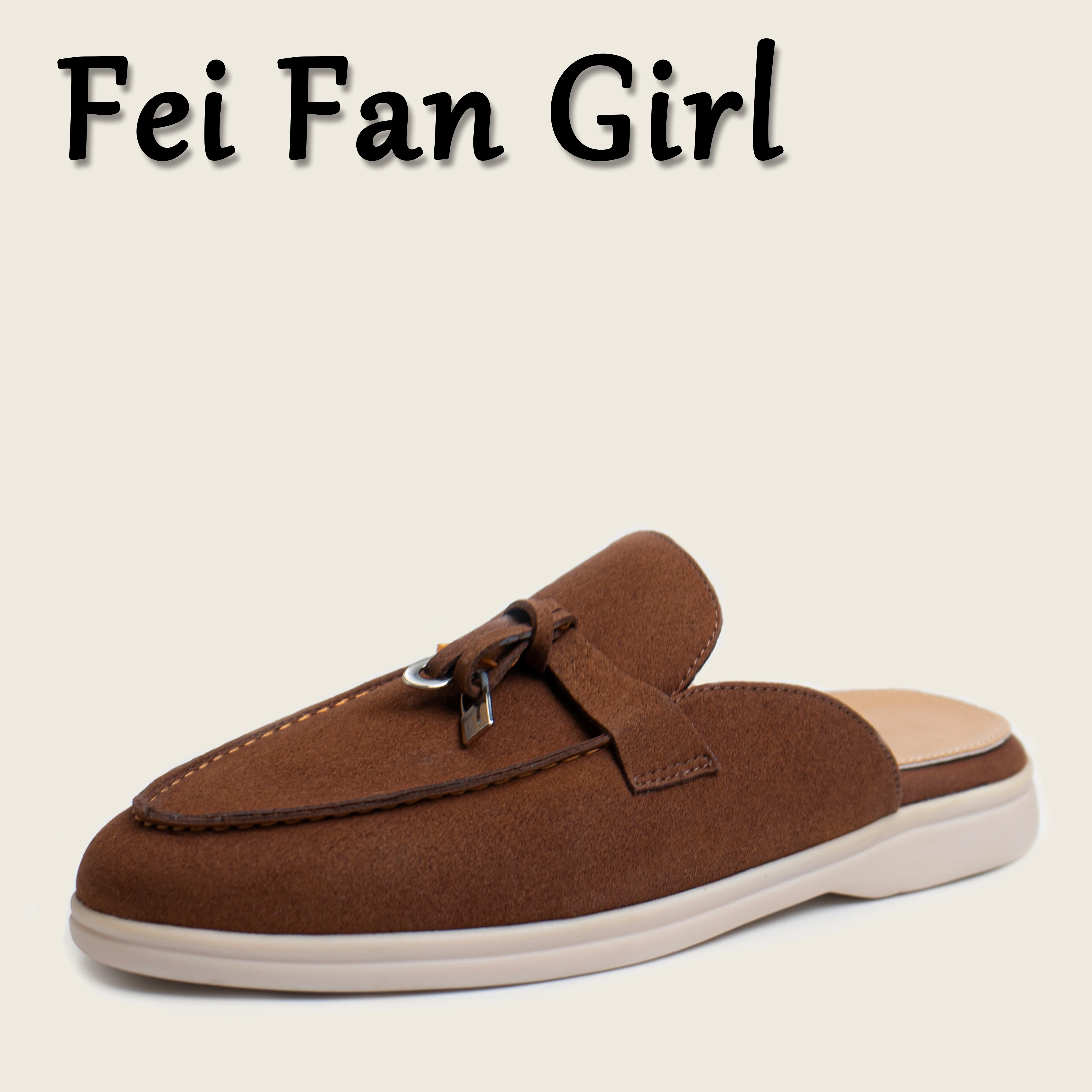 Spring and Autumn Real Leather Bag Head Half Slippers, Women's New Metal Lock Design Loafers Women Flats Shoes Man