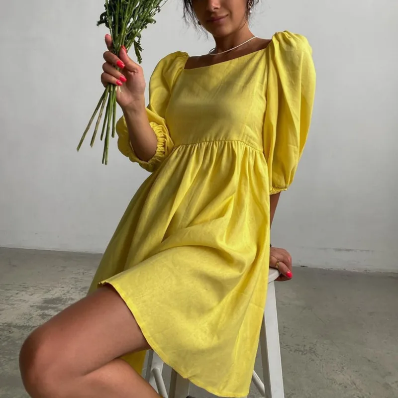 

Summer Square Collar Puff Sleeve Pleated Mini Dress Elegant Party Solid A-Line Dress Casual Holiday Vestidos Women Clotjes 2022