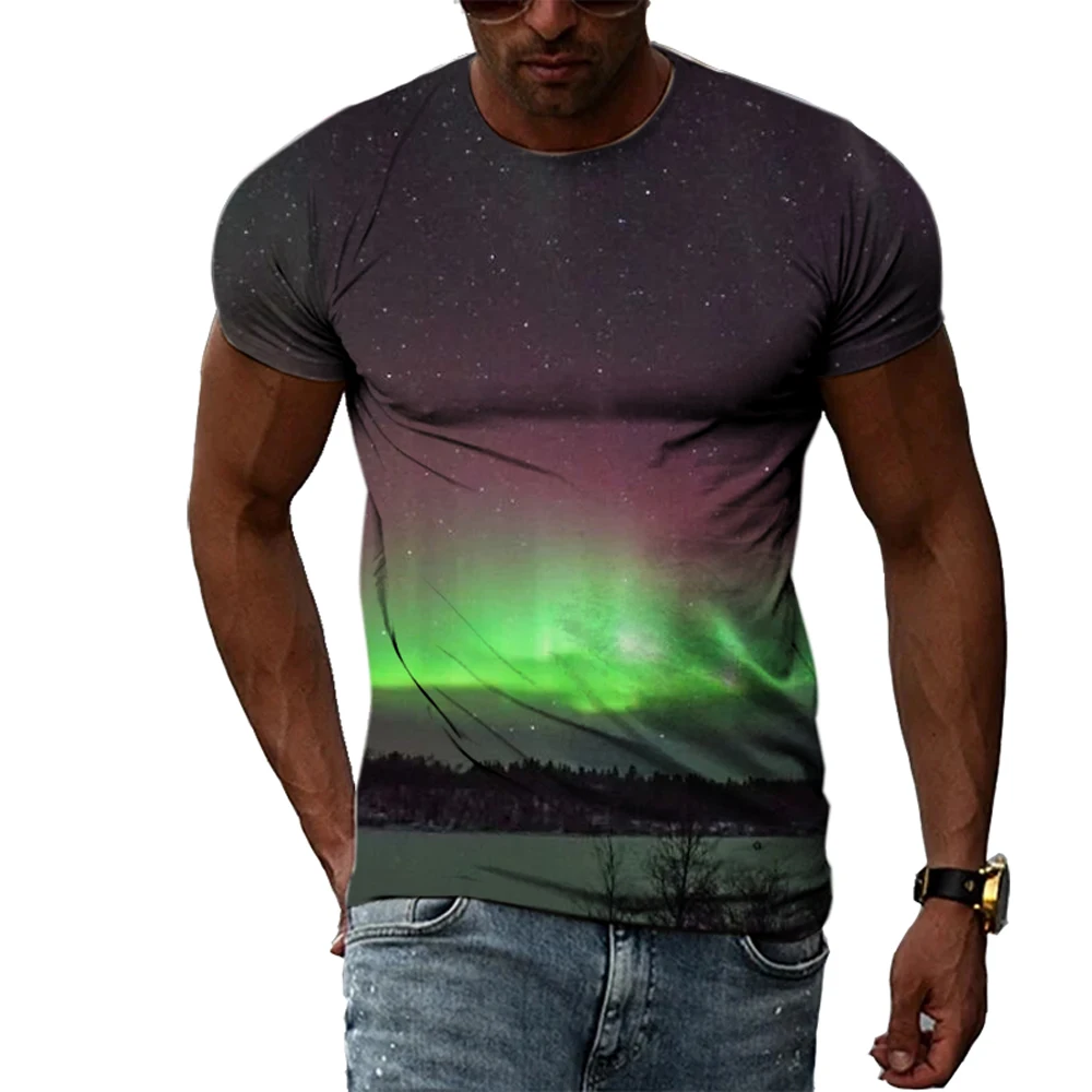 

2023 New Romantic Aurora Starry Sky Print T Shirt Men Women Fashion 3D Cool Pattern Tshirt Boy Girl Children Casual Clothes Tops
