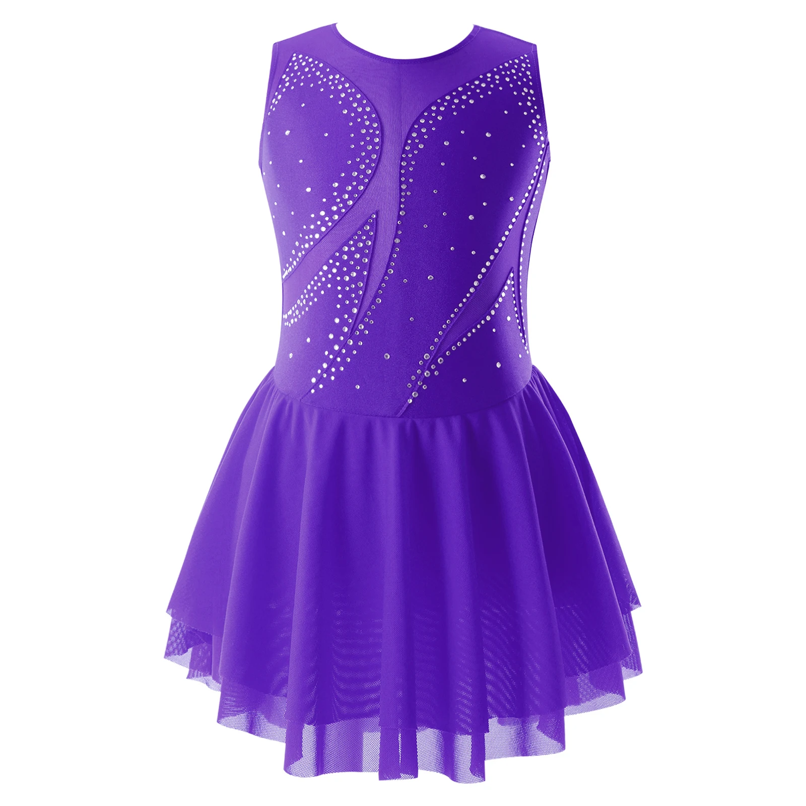 

Kids Girls Skating Dance Dress Clothing Sleeveless Shiny Rhinestone Decorated Patchwork Style Ballet Leotard Dress