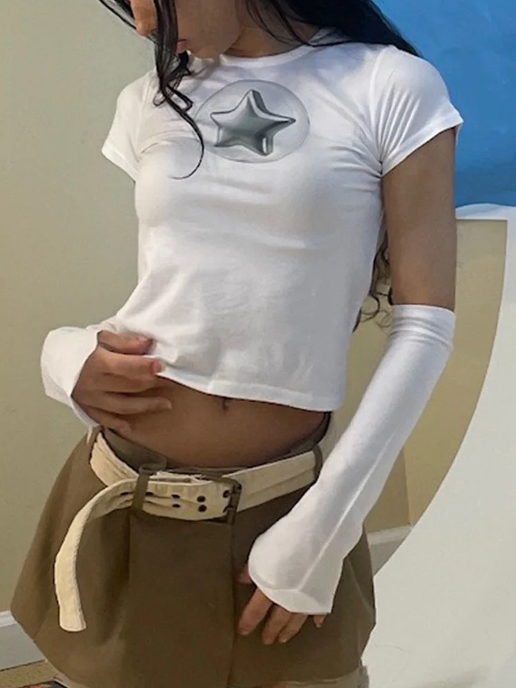 

Женская футболка с коротким рукавом, белая, с принтом пятиконечной звезды, приталенная, красивая уличная одежда, Harajuku Y2K