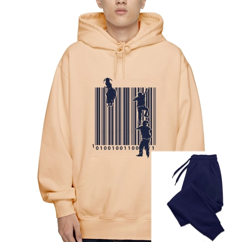 

Novelty Designer Pullover New Wall T-Sweatshirt Hoodies Men Whitw Pullover Bar Code Printed Drawstring Hip Hop Fleece Summer Cot