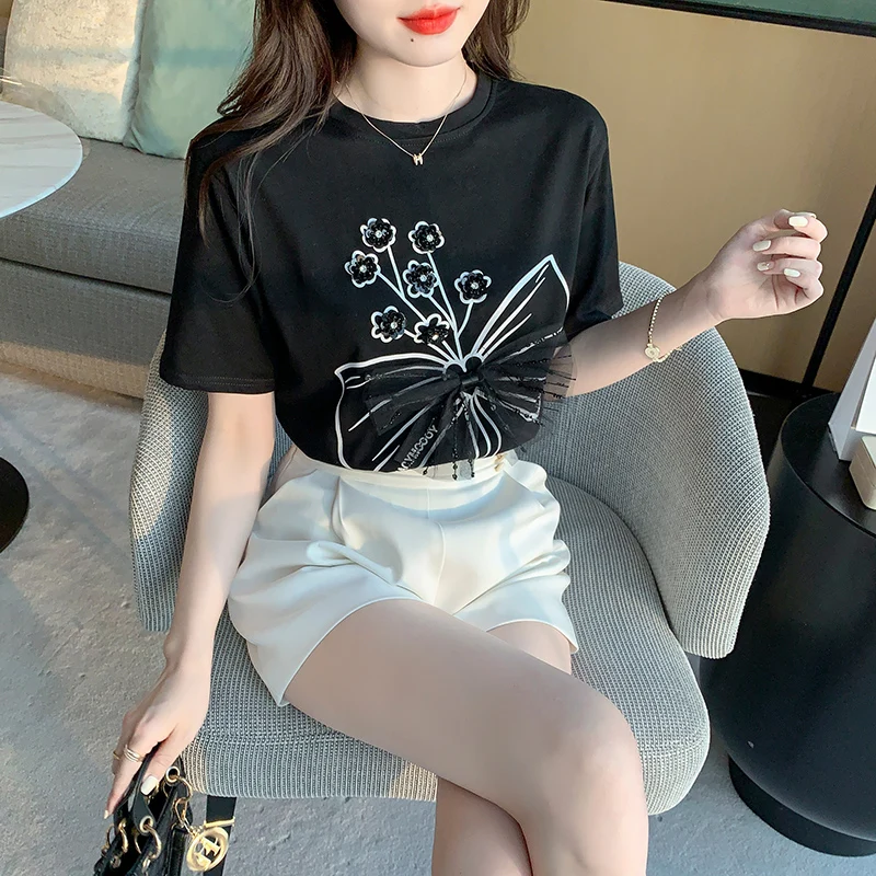 

Large Size Women's T-shirt Loose Korean Style Cotton Tees Elegant Summer Short Sleeve Tops Fashion Female T Shirt O-Neck