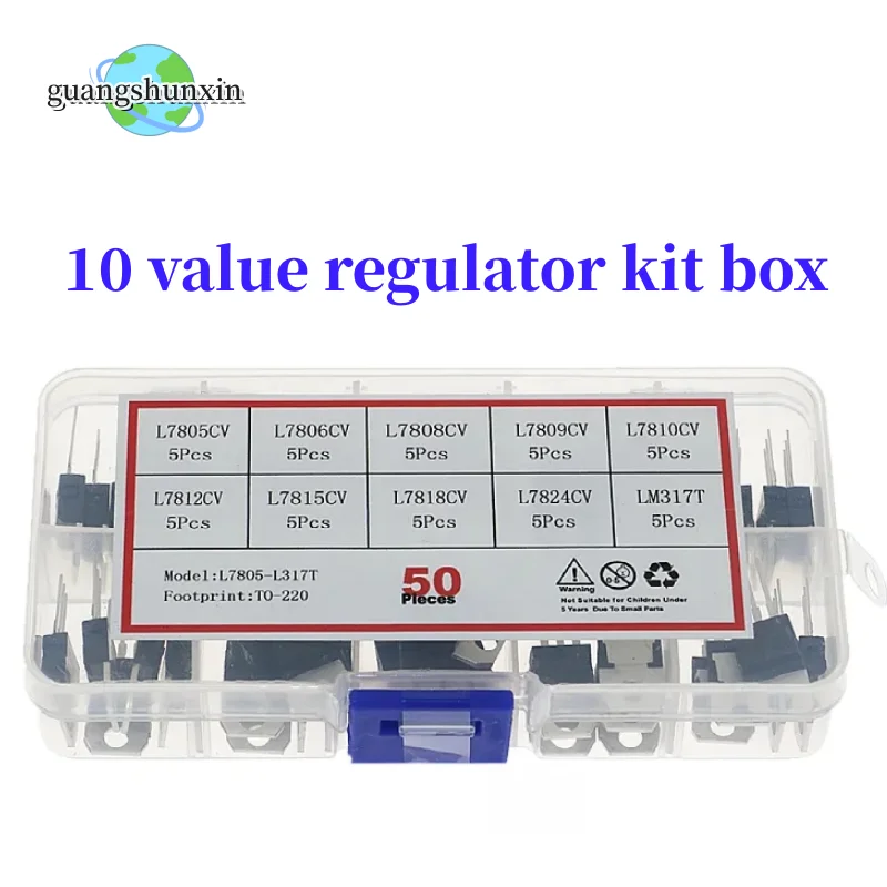 

50PCS 10Value Voltage Regulator Kit Box LM317T L7805CV L7806 L7808 L7809 L7810 L7812 L7815 L7818 L7824 L7805 Integrated Circuit