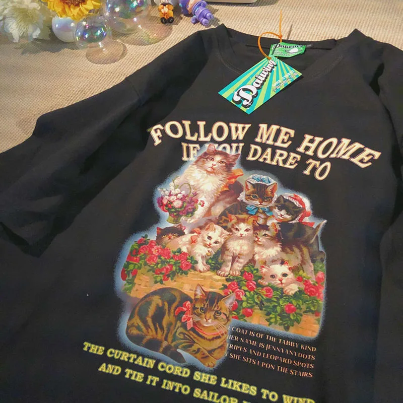 

2022 Fashion Harajuku Colorful Kitten Print O-Neck T-shirt Y2k Casual Streetwear Casual T-shirt Oversized Women Clothes Cute