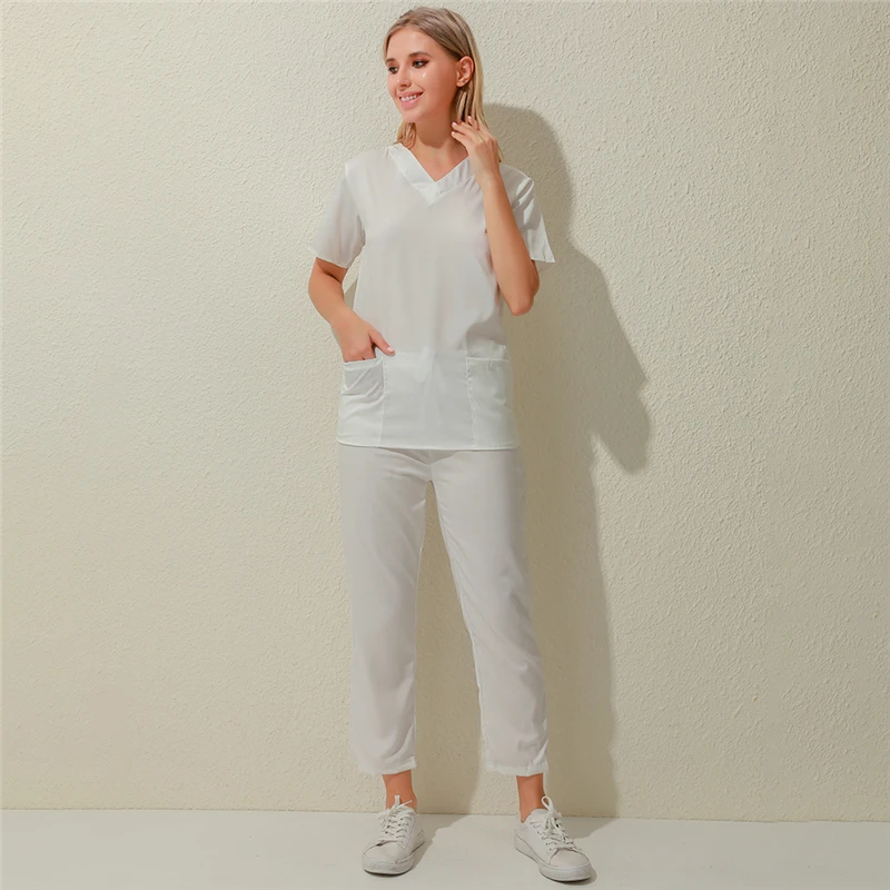 

High Quality Nursing Uniforms Suit Unisex V-Neck Work Clothes Pocket Solid Color Set Short Sleeve Tops&Trouser 2Pcs Work Set