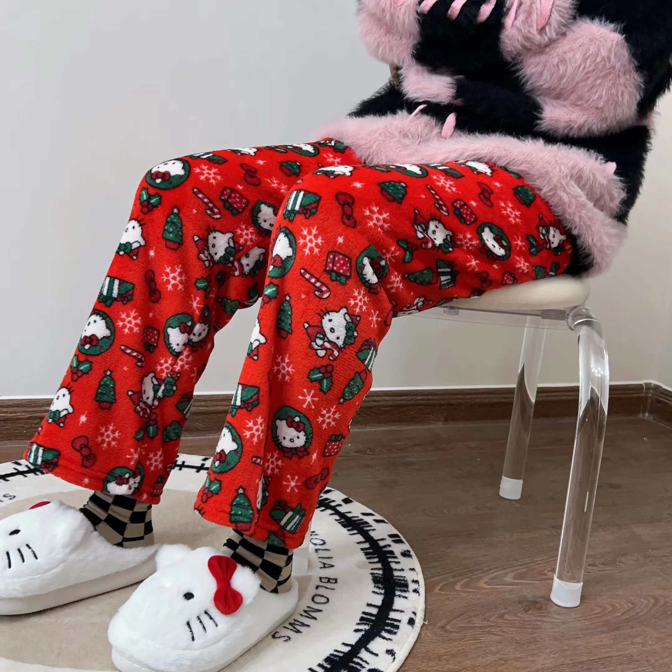 

Фланелевые пижамные штаны Sanrio Хэллоуин Hello Kitty флисовые двойные эластичные брюки из ткани женские брюки зимние повседневные домашние штаны