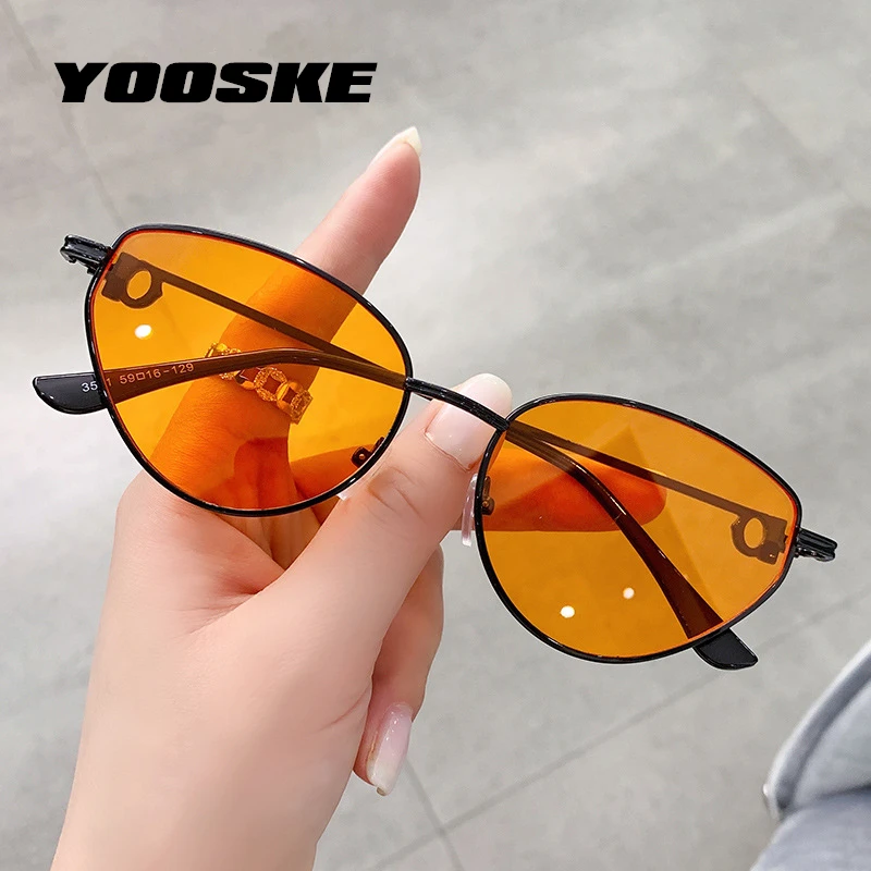 

YOOSKE Metal Cat Eye Sunglasses Women Fashion Designer Small Yellow Sun Glasses Vintage Hip Hop Triangle Eyewear for Ladies