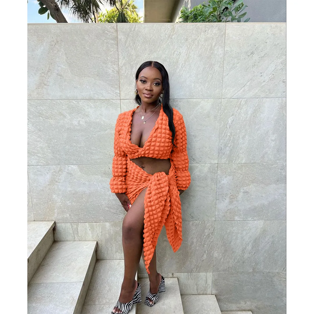 

Puffy Two Piece Set Women Sexy Deep V Neck Long Sleeve Crop Top Lace Up Mini Skirts Y2K Clothes