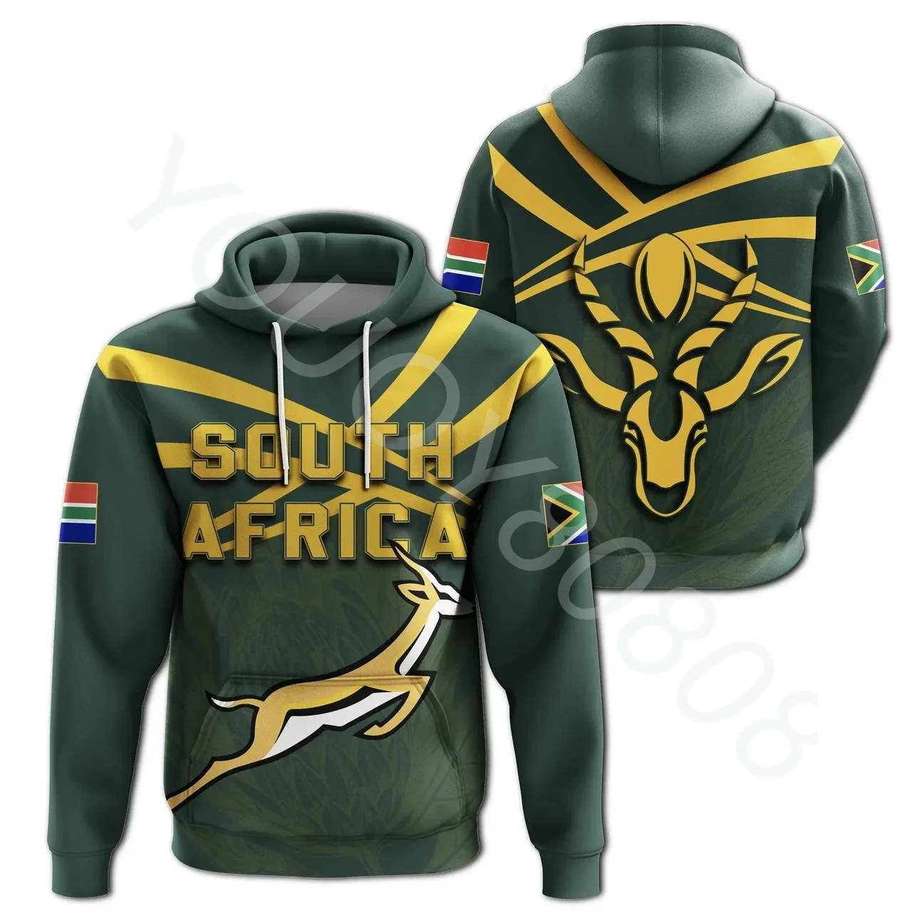 African Region Country South African Springbok Hoodie - Rugby Fan Print Zip Hoodie Men's Women's All Over Casual Sweatshirt