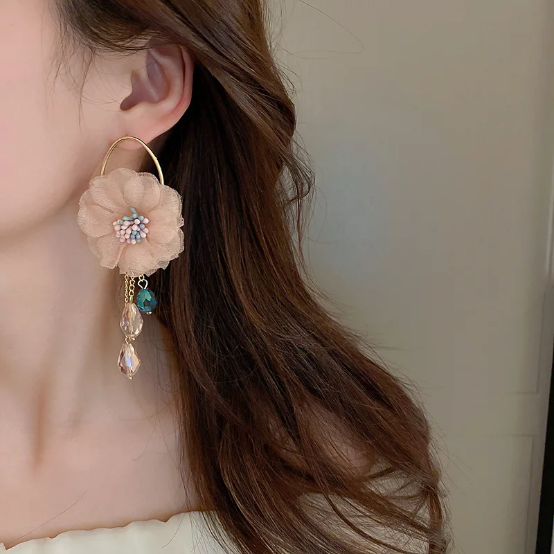 

Korean Big Cloth Flower Waterdrop Crystal Tassel Earrings For Women Fashion Bijoux Statement Accessories Boucle d'oreille