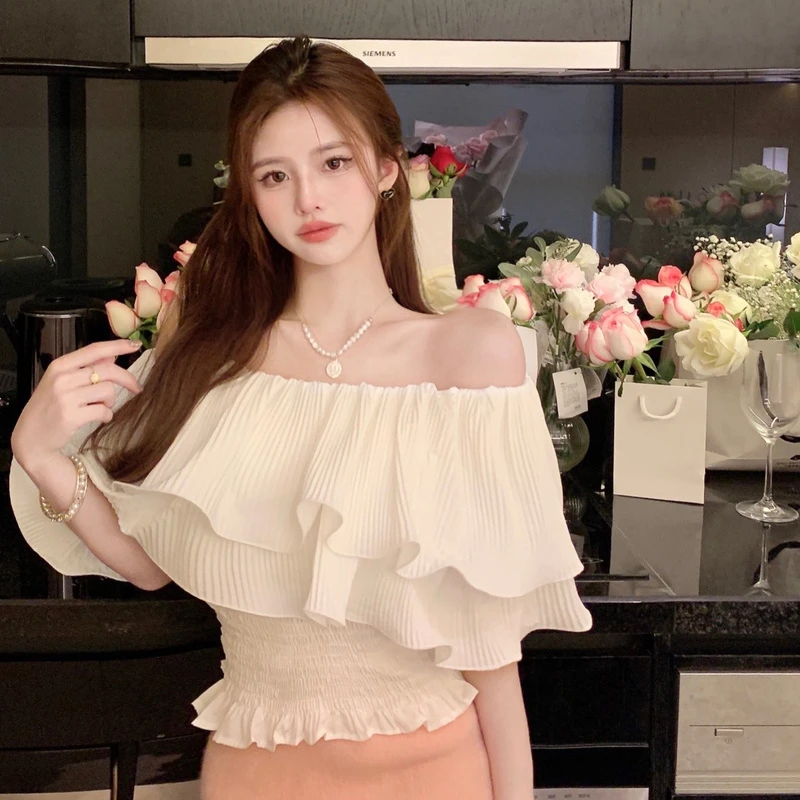 

Chiffon Women's Blouse Slim Fit Ruffle Sexy Shirt Summer Elasticity Bust Casual Short Sleeve Top Fashion New Female Clothing