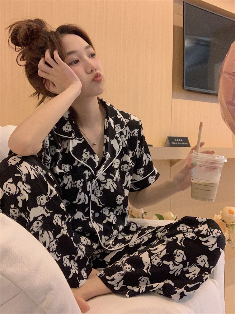 E GIRLS  Women Dog Print Pajama Set Female 2022 New Summer Loose Comfortable Short-sleeved Shorts Home Clothes Two-piece Set