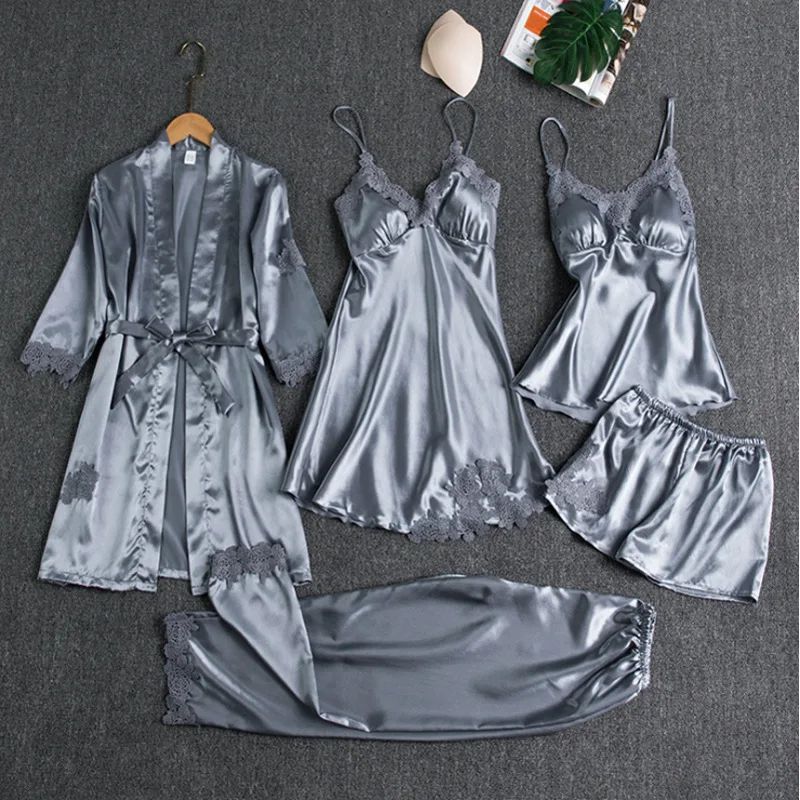 5PCS/Set Women Satin Pajamas Sexy Lace Bathrobe Nightdress Camisole Shorts &Pants Glossy Sleepwear Loungewear Ladies Nightgown