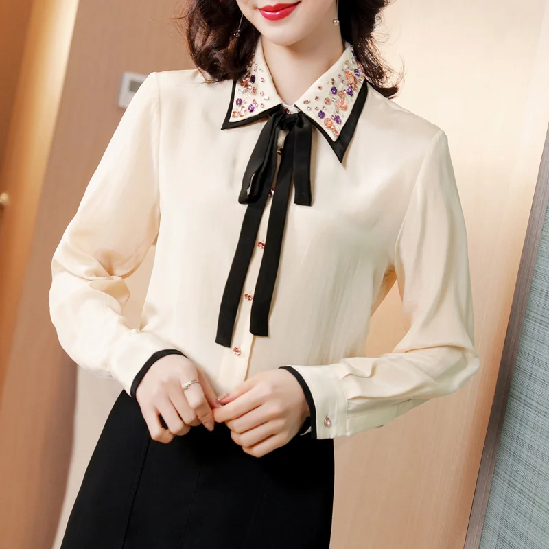

Summer Poplin Long Sleeve Shirt Women Casual Diamonds Polo Blouse Bow Fashion Clothing