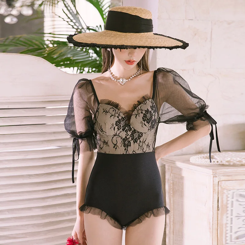 

Женский слитный купальный костюм, купальник большого размера, новинка 2022, корейское Ins кружевное сексуальное платье с открытой спиной, два о...