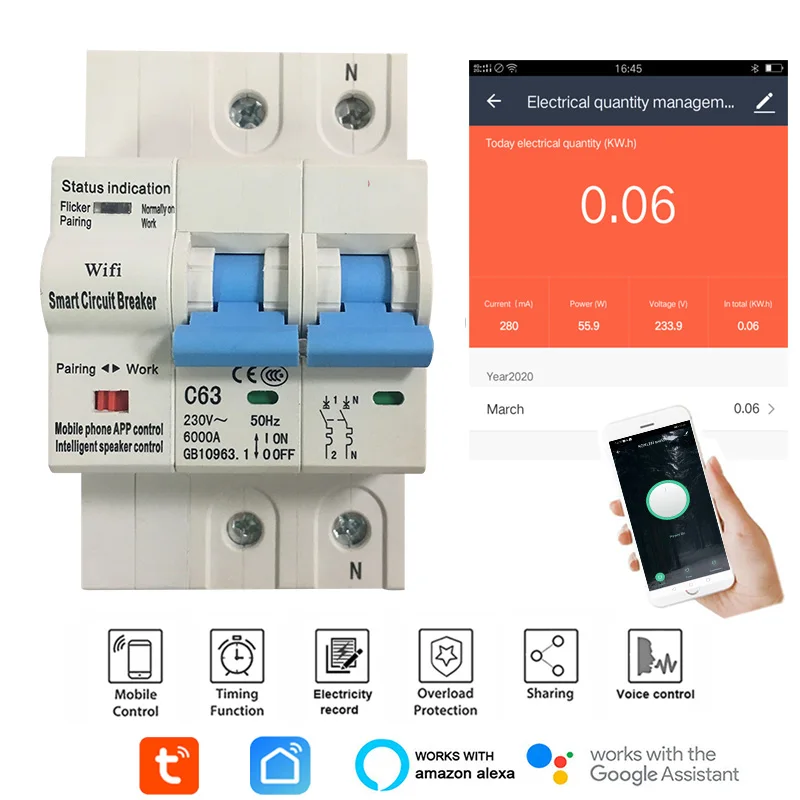 Tuya Smart Life APP RCBO Circuit Breaker with Power Monitoring 2P WiFi Leakage Current Short Circuit Protection Alexa enlarge