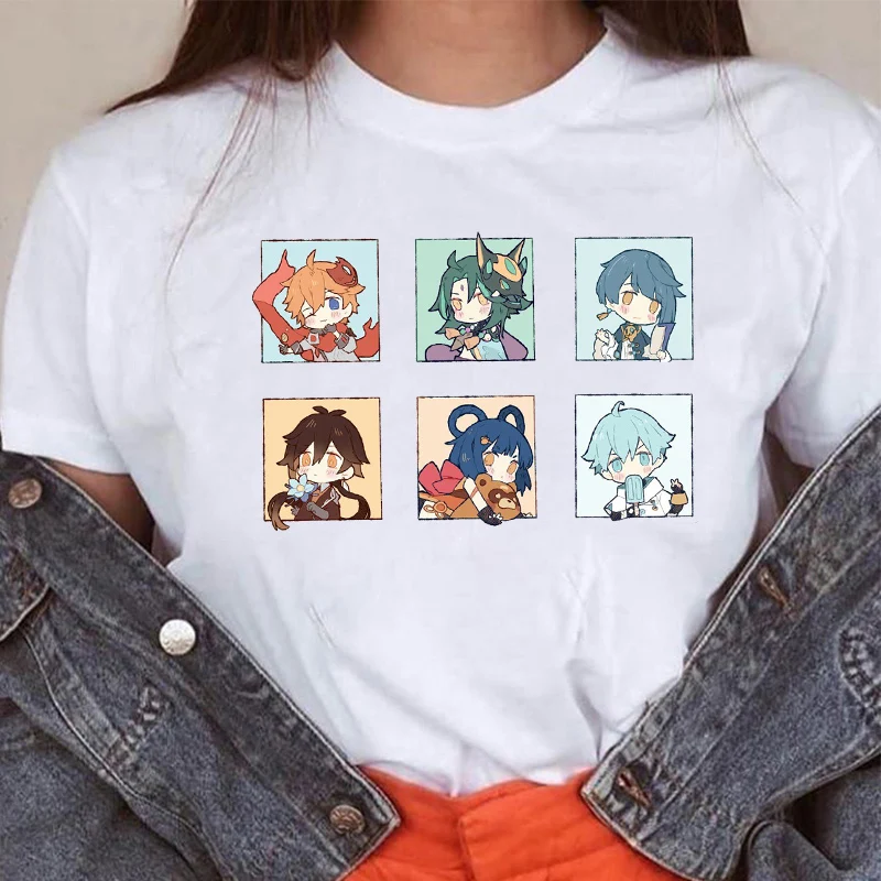 

New Genshin Impact T Shirt Kawaii Novelty Creative Print Tops Women Mne Casual Cartoon Tee Oversized T-shirt Ropa Muje Camisetas