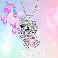 unique heart pink crystal unicorn pendant necklace for girl exquisite princess fairy tale necklace party jewelry birthday gifts