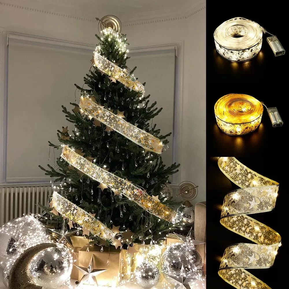 

50 LED 5M Double Layer Fairy Lights Strings Christmas Ribbon Bows With LED Christmas Tree Ornaments New Year Home Decor