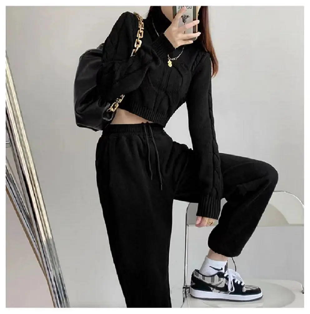 

Осень-зима 2022, вязаная одежда из грубой шерсти с высоким воротником, Свободный пуловер, короткий Открытый пуловер с длинным рукавом, повседн...