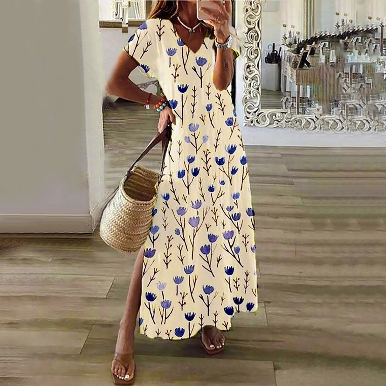 

Womens Vintage Floral Maxi Dresses Summer 2022 V Neck Short Sleeve Split Tank Dress Lady Casual Boho Long Dress Beach Sundress