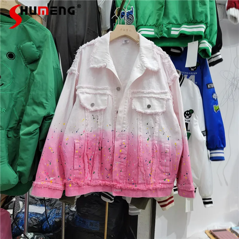 

Fashionable Contrast Color Denim Jacket for Women 2022 Spring New Causal Jean Clothing Korean Style Loose All-Match Couple Coat